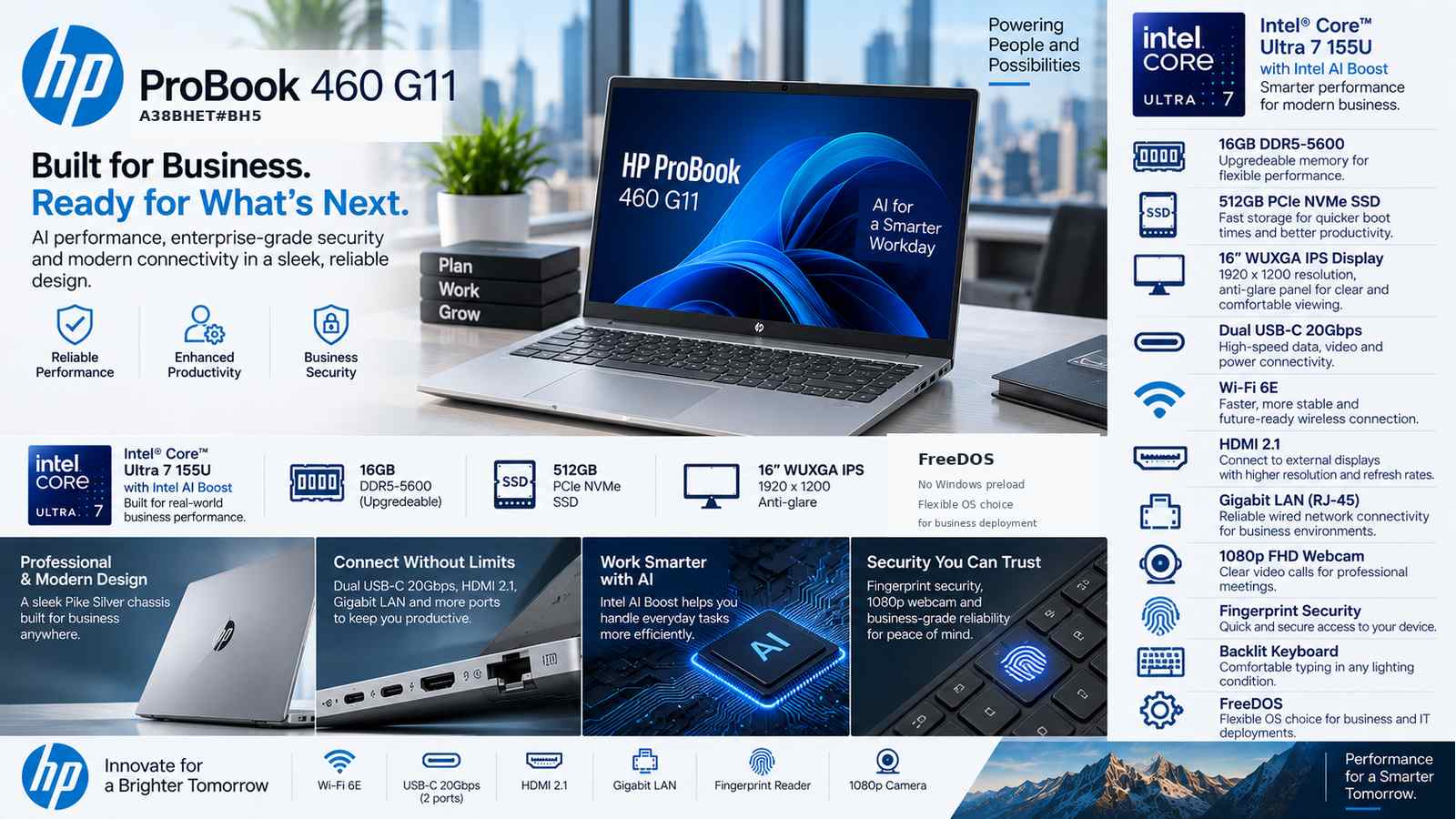 HP ProBook 460 G11 A38BHET#BH5 AI Business Laptop, Intel Core Ultra 7 155U, 16GB DDR5-5600, 512GB PCIe NVMe SSD, 16-inch WUXGA IPS, Intel Graphics, Wi-Fi 6E, Backlit English Keyboard, FreeDOS, Pike Silver | A38BHET#BH5